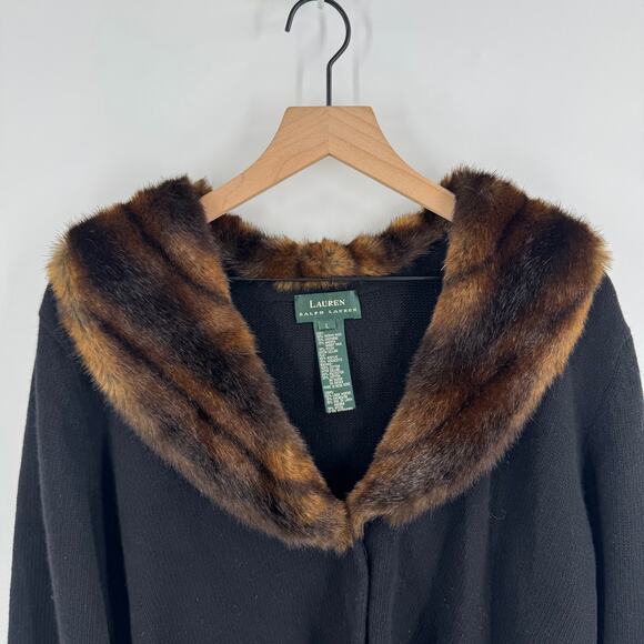 Lauren Ralph Lauren Black Merino Cashmere Angora Cardigan Faux Fur Collar Size L - Picture 3 of 9